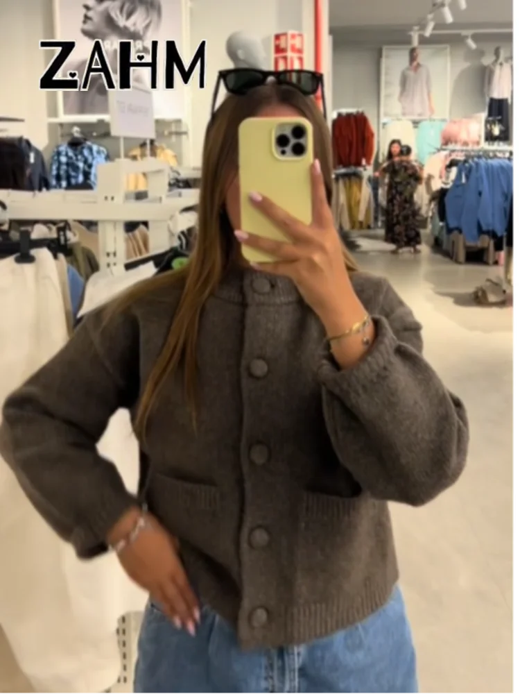 Elegant Knit Solid Lady Jacket 2025 Autumn Female Knitwear, Suéter Oversize con Bolsillos y Botones elegantes