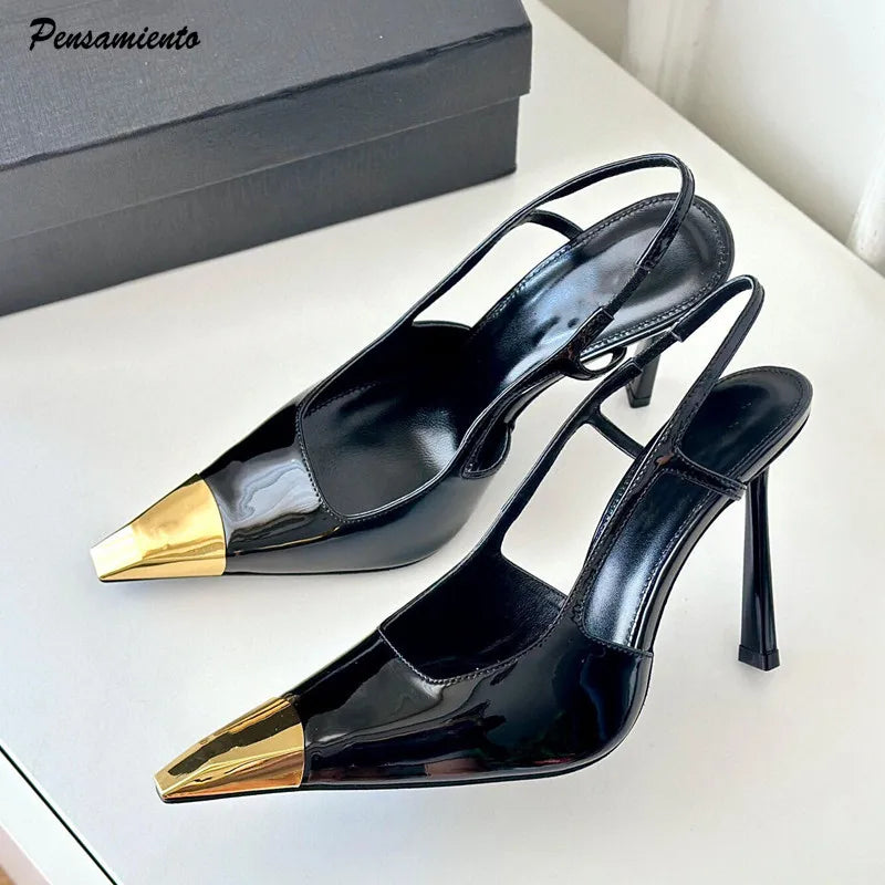 Gold Black Sandals Metal Square Toe Stiletto