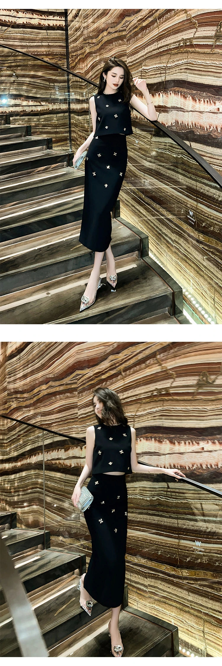 Elegant Fashionable 2 Pieces Outfits Women,Vestido de mujer elegante con incrustaciones de piedras