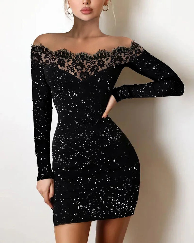 Dress Women Sexy Sheath Dresses Lace Hollow Out Sequins Sleeveless Slash Neck. Vestido elegante ceñido al cuerpo con brillos
