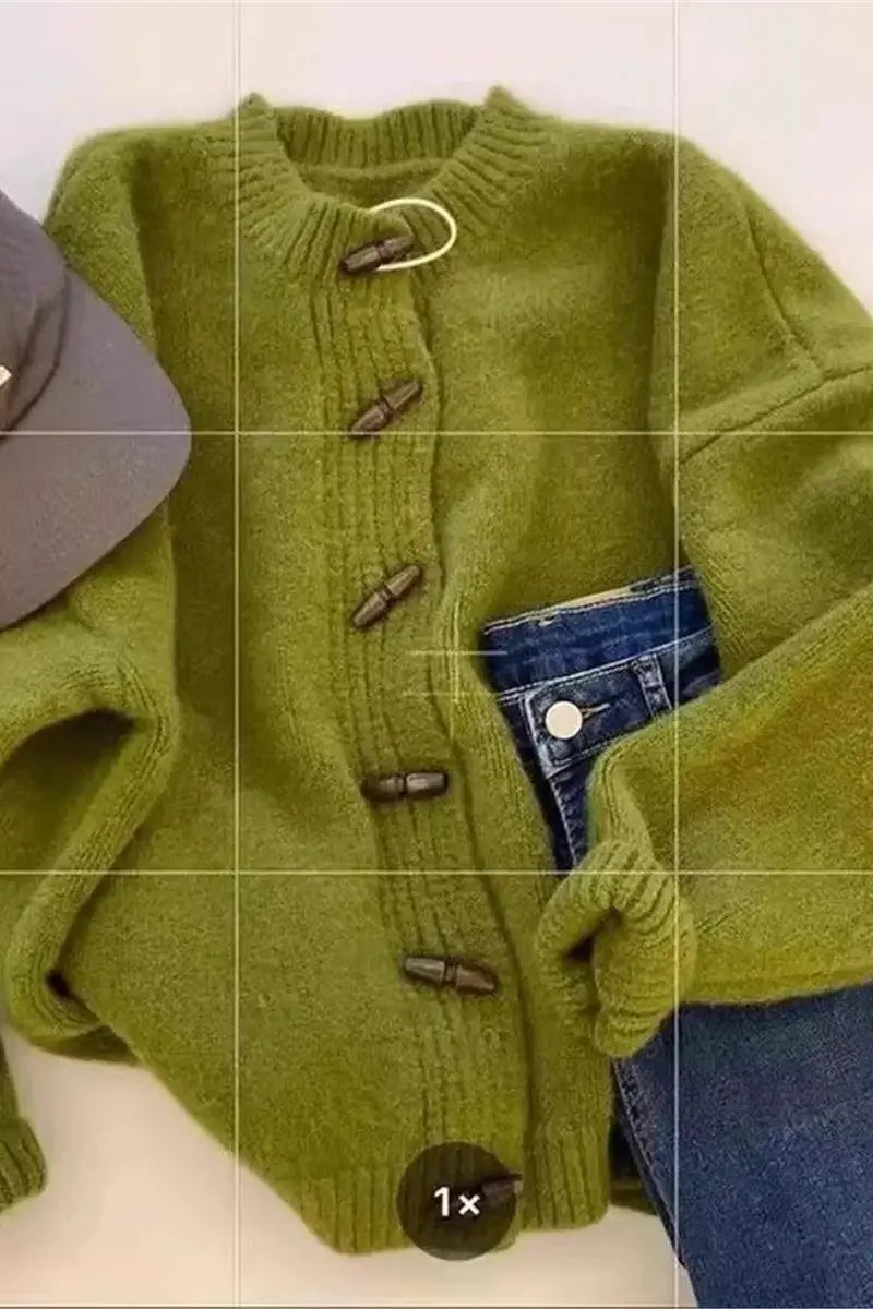 Thickened Bear Fur Knitted Open Cardigan Women's. Cardigan con Botones de Madera – Estilo Clásico & Cozy