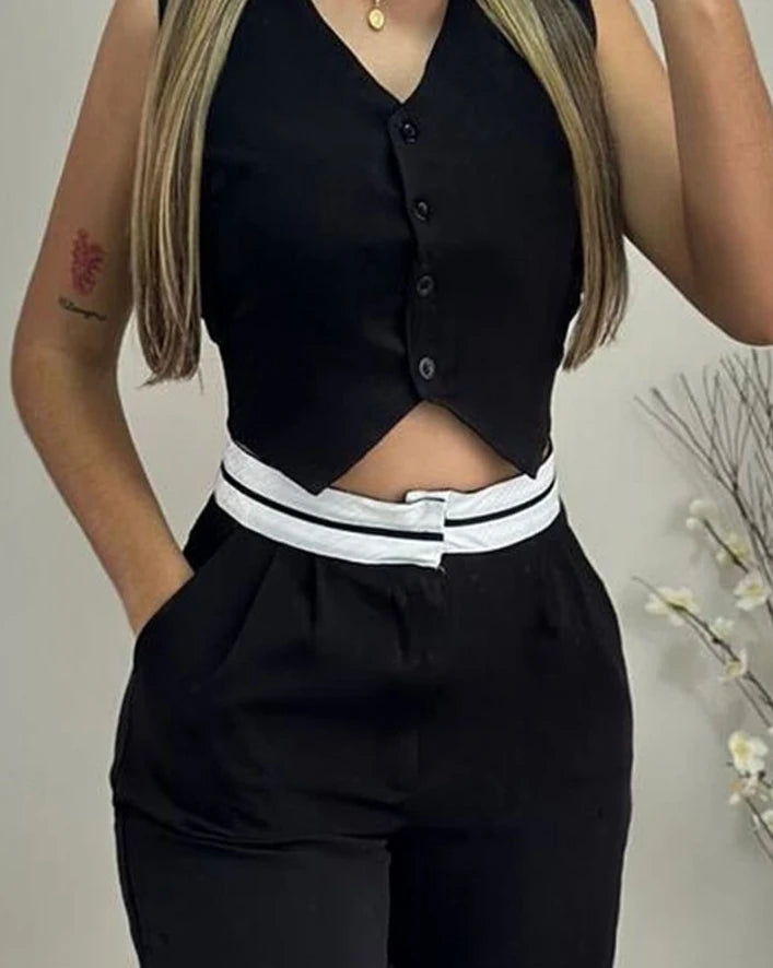 Elegant V-Neck Buttoned Vest Top & Pocket Design Pants Set Womens Two Piece Sets Outfit .Conjunto de 2 piezas pantalón y chaleco