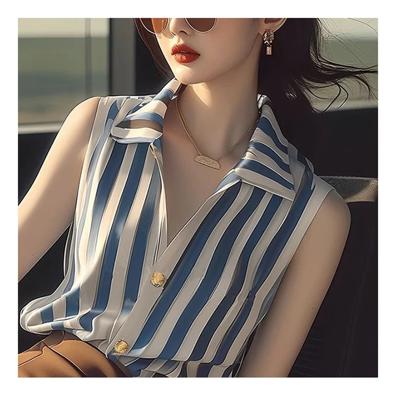 Fashion Lapel Button Printed Sleeveless Striped Shirt Women's