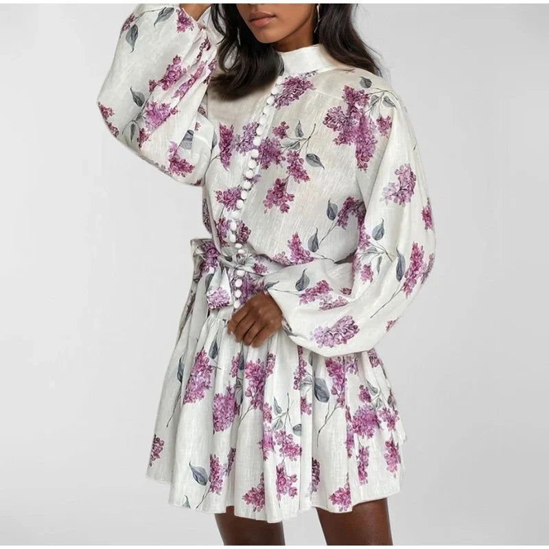 Printed Pearl Single Breasted Belts Pleated Dress . Vestido casual ,elegante y romántico