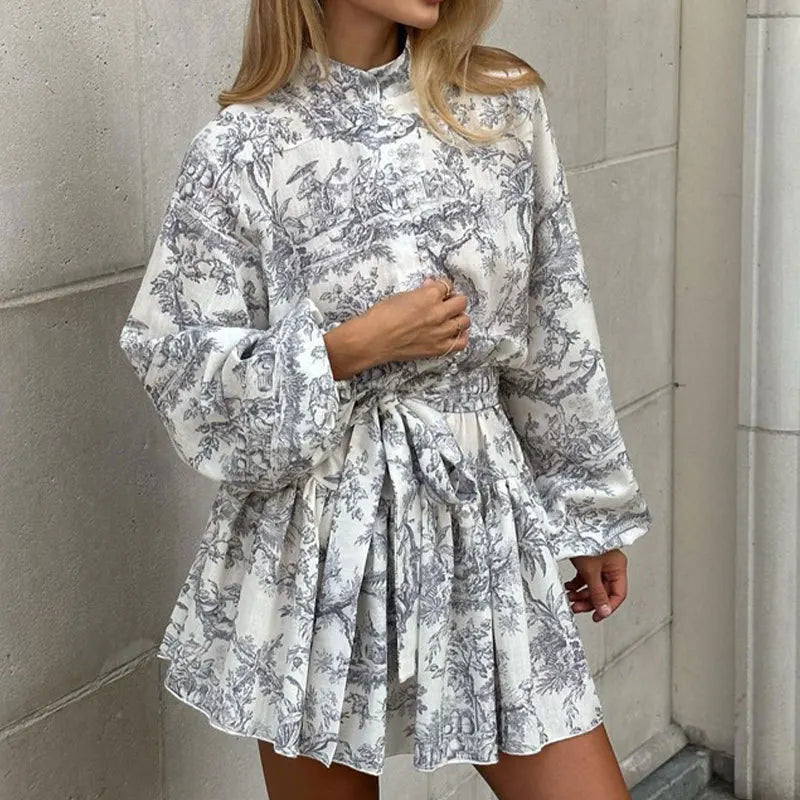 fashion  High Waist Printed Dr Gown with Belt A-Line Silhouette for Women 
Vestido romántico con volantes