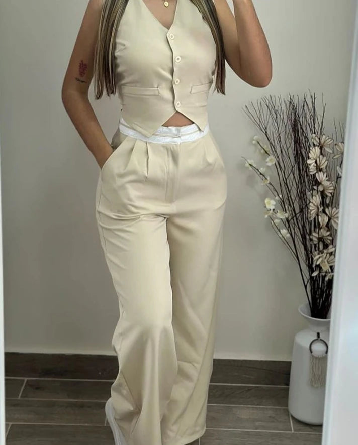 Elegant V-Neck Buttoned Vest Top & Pocket Design Pants Set Womens Two Piece Sets Outfit .Conjunto de 2 piezas pantalón y chaleco