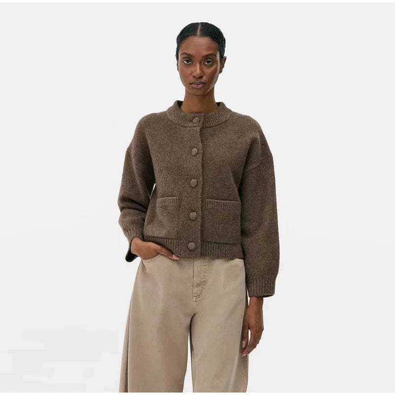 Elegant Knit Solid Lady Jacket 2025 Autumn Female Knitwear, Suéter Oversize con Bolsillos y Botones elegantes