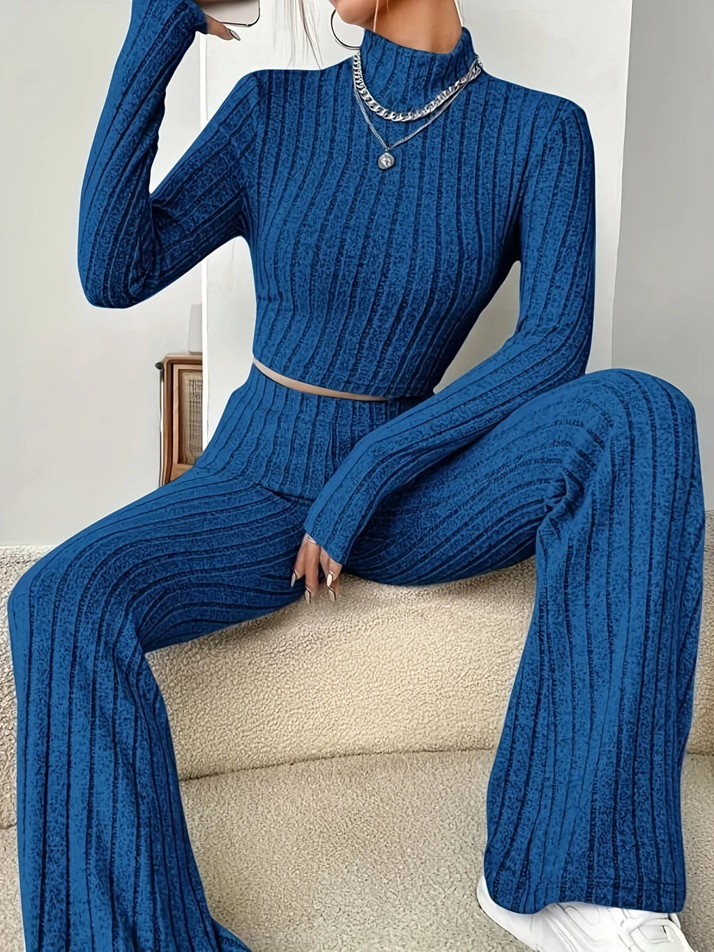 Women's Solid Color Knit Suit Spring Summer Stand Collar Striped Long Sleeve Pullover Top And Pants Streetwear Two Piece Set