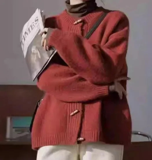 Thickened Bear Fur Knitted Open Cardigan Women's. Cardigan con Botones de Madera – Estilo Clásico & Cozy