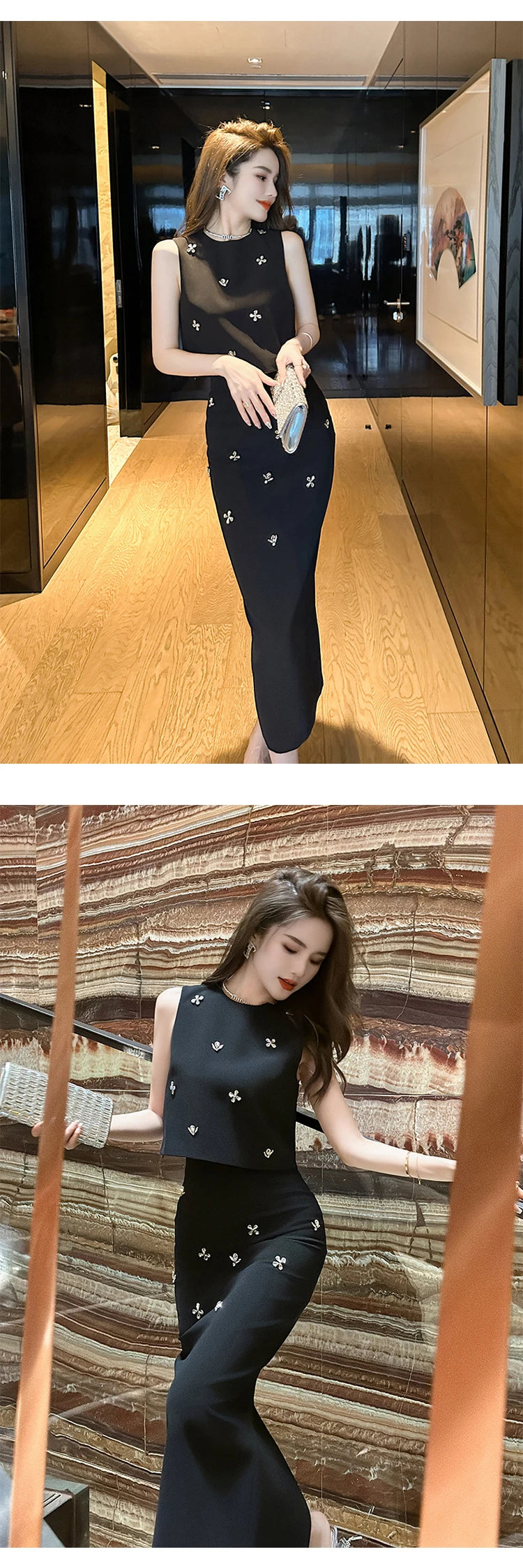 Elegant Fashionable 2 Pieces Outfits Women,Vestido de mujer elegante con incrustaciones de piedras