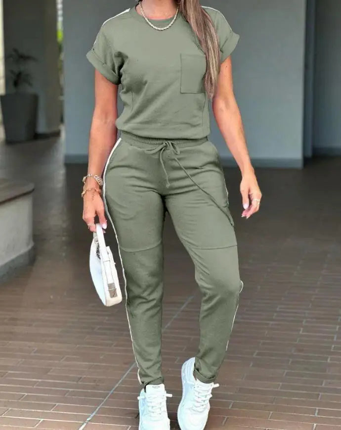 Women's Sports Short Sleeve Top Pocket Drawstring Pants Set.Conjunto de pullover y pantalón deportivo y práctico para mujer