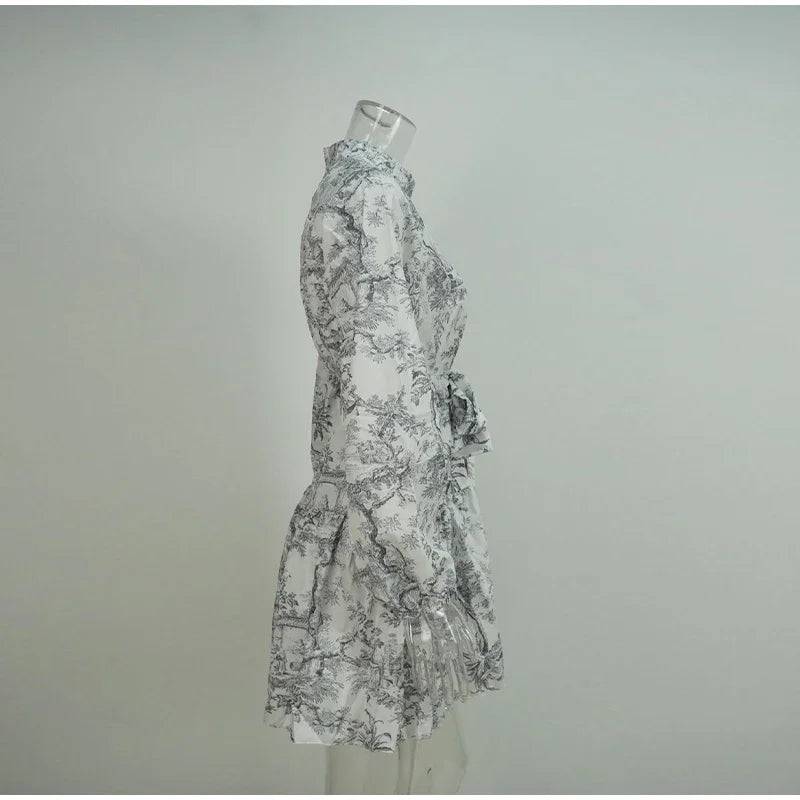 Printed Pearl Single Breasted Belts Pleated Dress . Vestido casual ,elegante y romántico