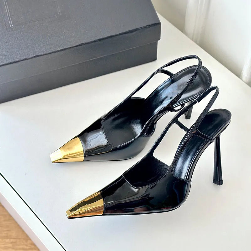 Gold Black Sandals Metal Square Toe Stiletto