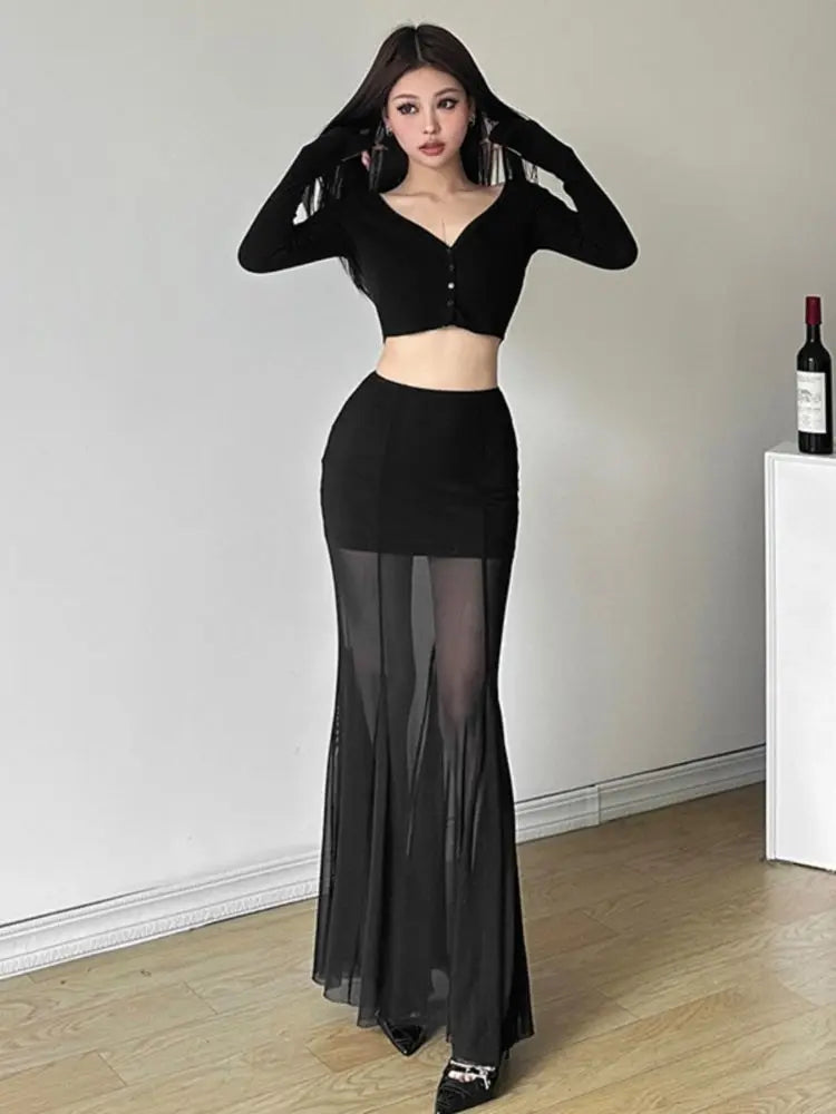 Ele Bla Asymmetrical  Skirt Women's Sexy High Waist Bodycon Tulle Fi Tail Long Skirt .Falda larga con transparencia ,elegante