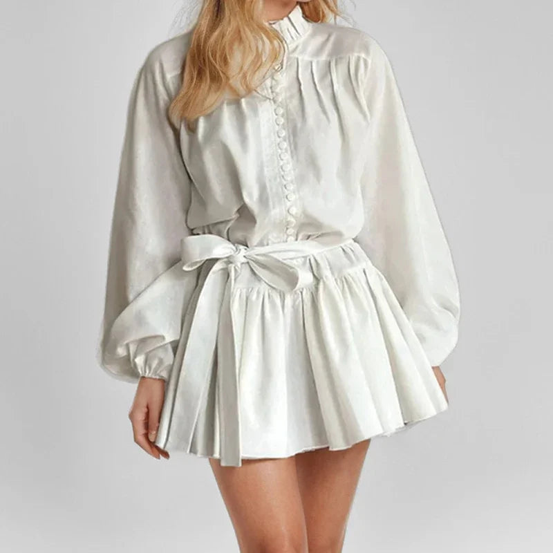 Printed Pearl Single Breasted Belts Pleated Dress . Vestido casual ,elegante y romántico