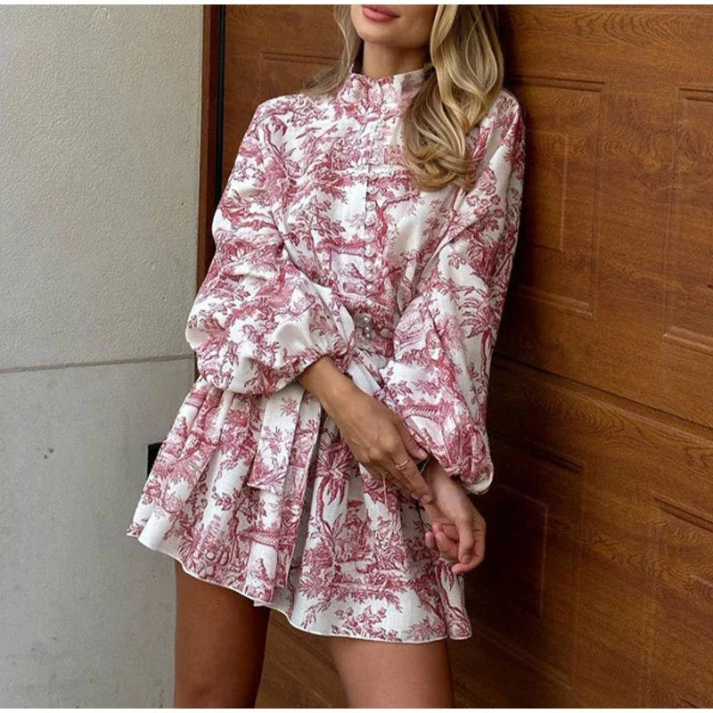 Printed Pearl Single Breasted Belts Pleated Dress . Vestido casual ,elegante y romántico