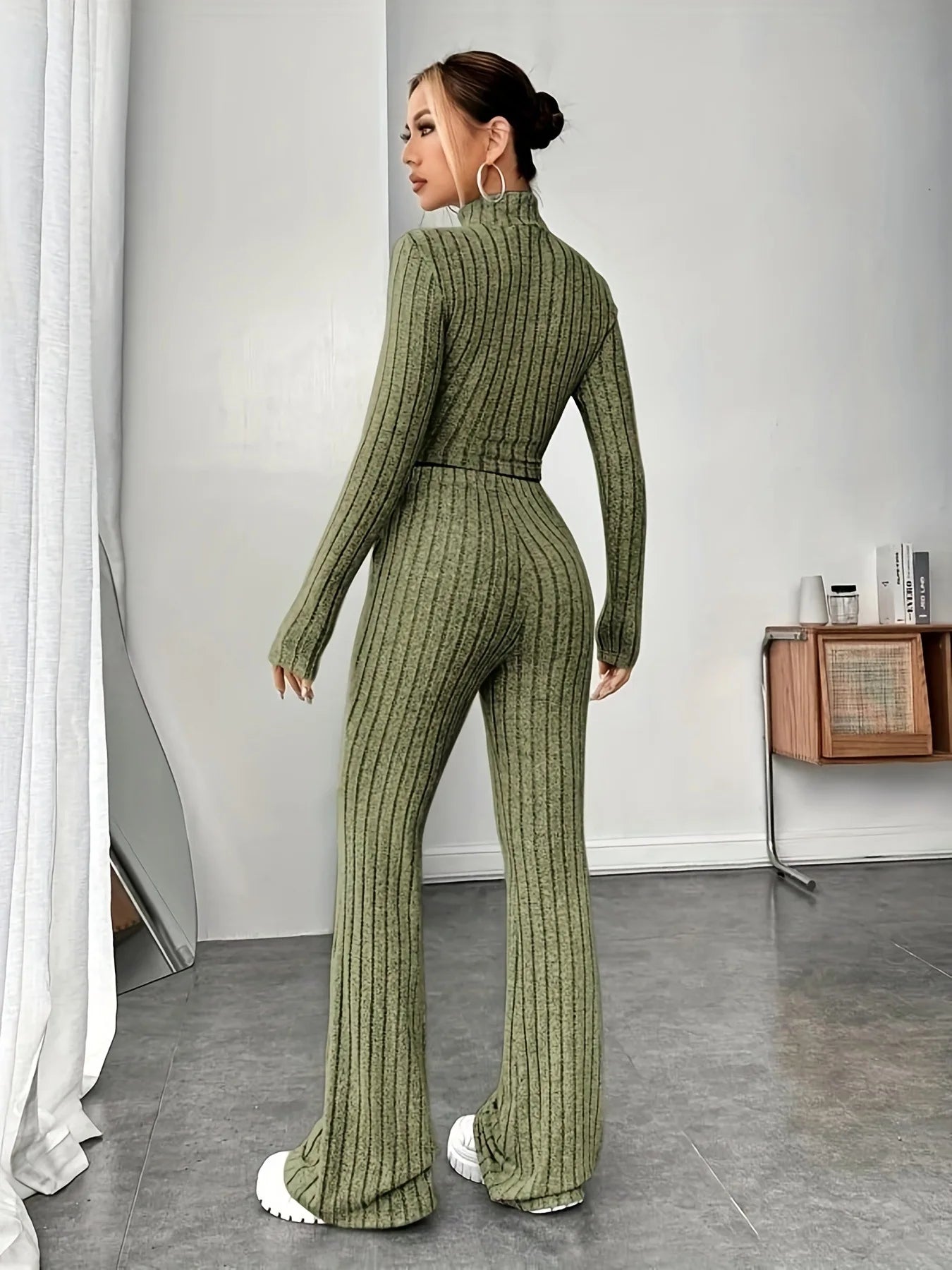 Women's Solid Color Knit Suit Spring Summer Stand Collar Striped Long Sleeve Pullover Top And Pants Streetwear Two Piece Set