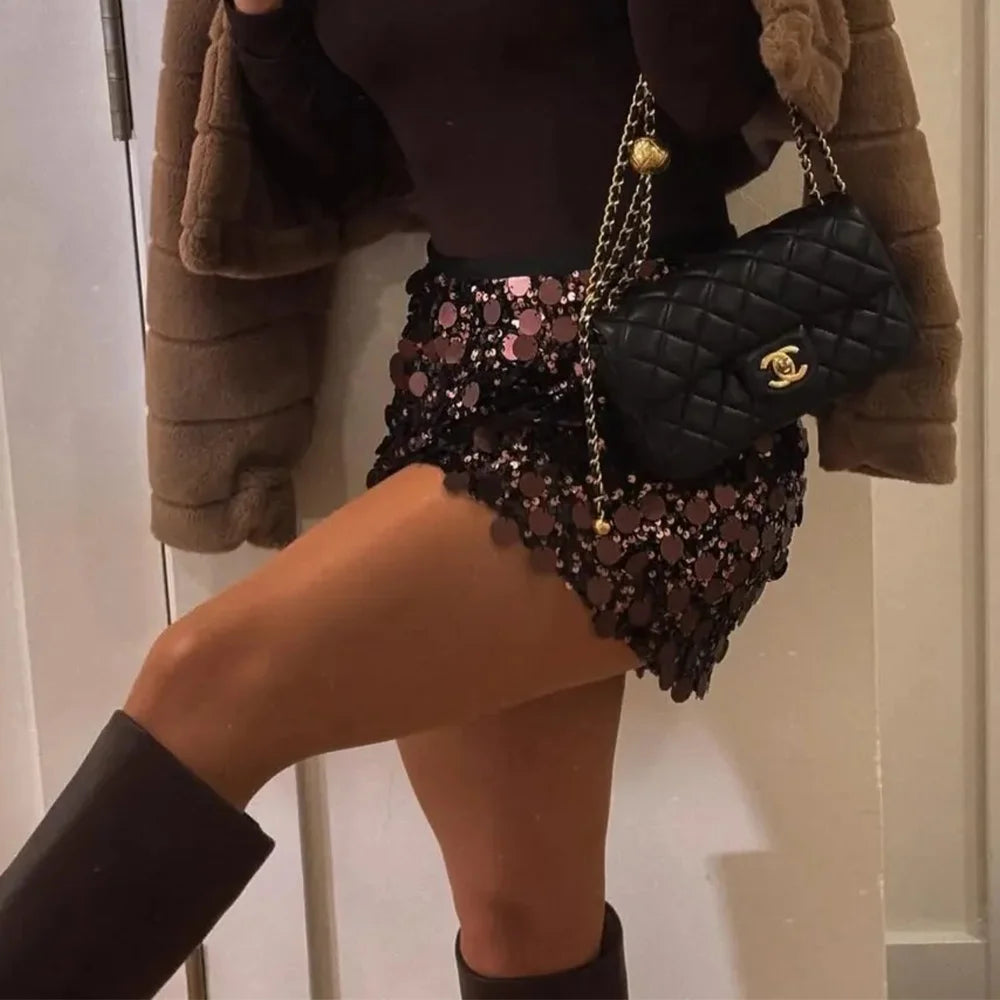 Sexy Brown Straight Chic Ladies Mini Skirts ,Saya de lentejuelas ,ideal para las fiestas y salidas navideñas