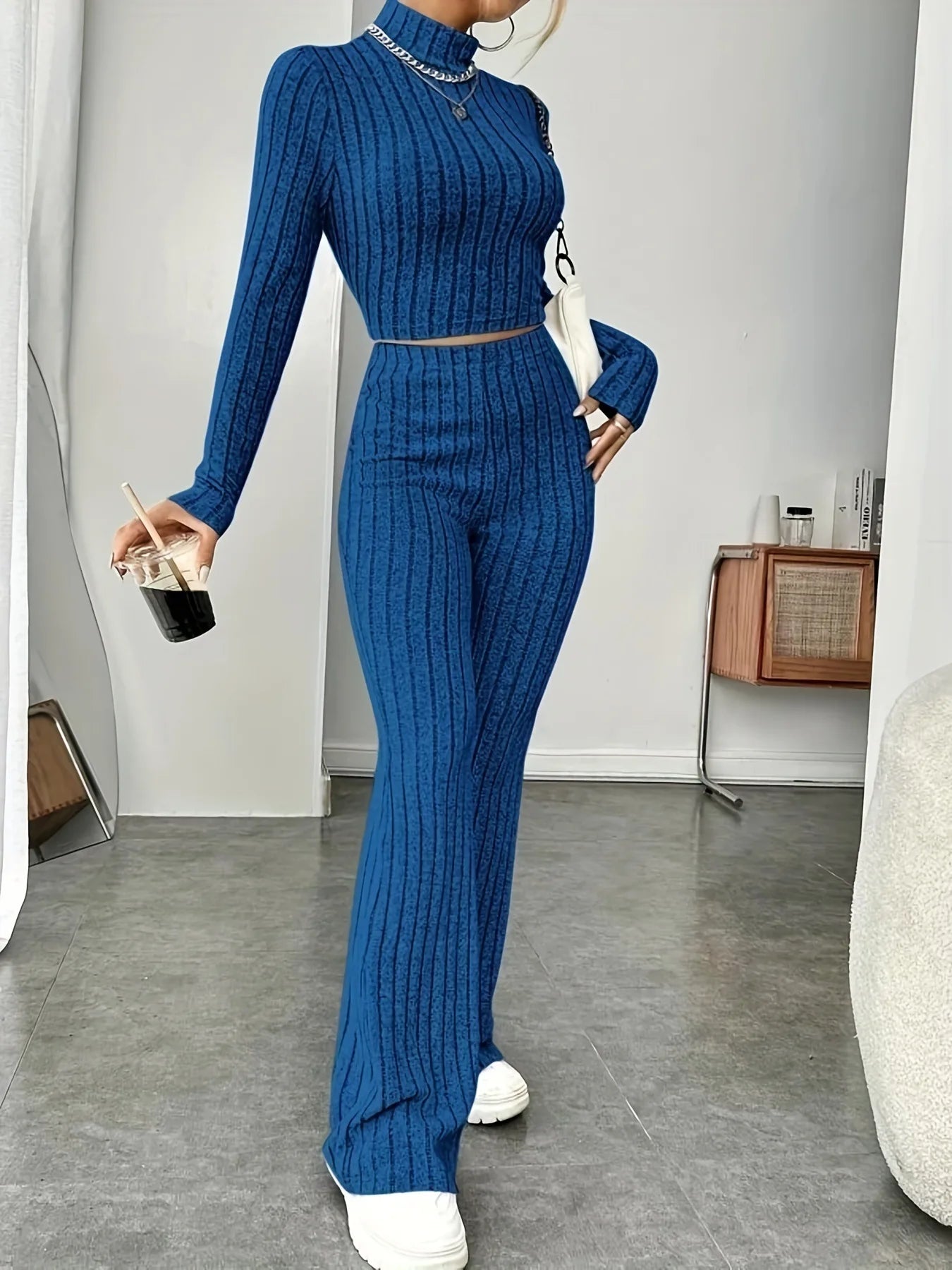 Women's Solid Color Knit Suit Spring Summer Stand Collar Striped Long Sleeve Pullover Top And Pants Streetwear Two Piece Set