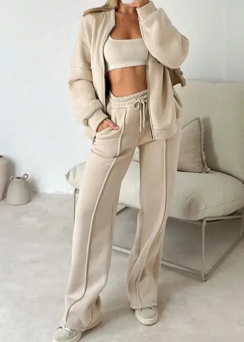 Solid Color Round Neck Zipper Front Loose Jacket and Lace Up High Waisted Straight Leg Pants Set, Autumn Women's Sports Set