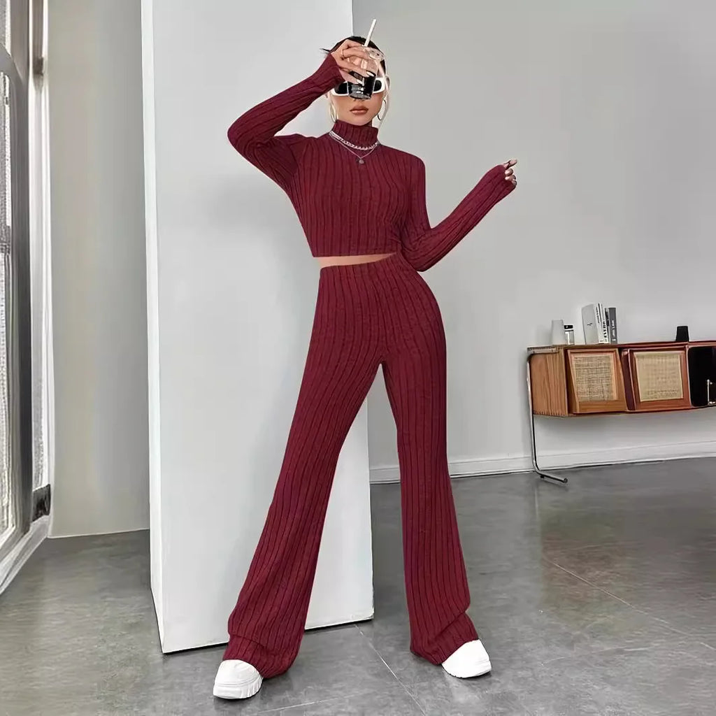 Women's Solid Color Knit Suit Spring Summer Stand Collar Striped Long Sleeve Pullover Top And Pants Streetwear Two Piece Set