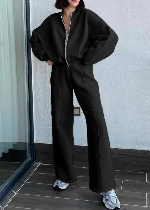 Solid Color Round Neck Zipper Front Loose Jacket and Lace Up High Waisted Straight Leg Pants Set, Autumn Women's Sports Set