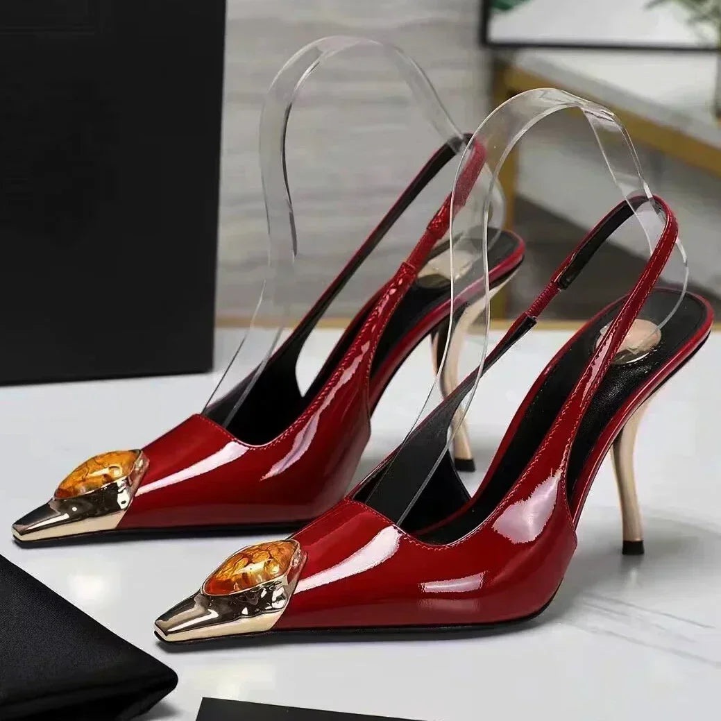 Zapatos de tacón elegantes para mujer con detalles metálicos  Luxury Metal Jewel Decoration Heels Women 2025