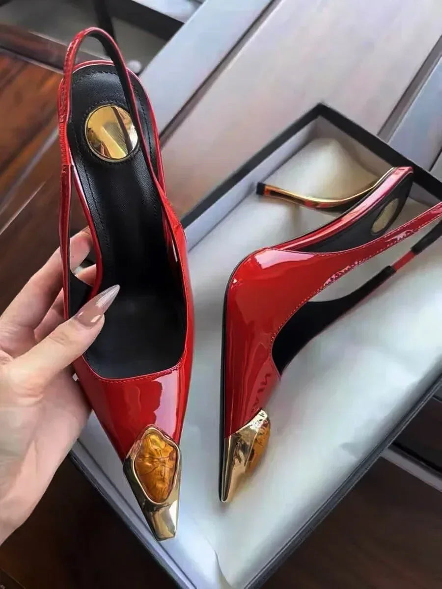 Zapatos de tacón elegantes para mujer con detalles metálicos  Luxury Metal Jewel Decoration Heels Women 2025