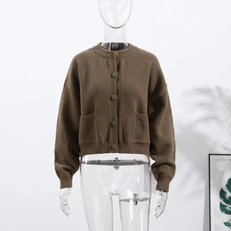 Elegant Knit Solid Lady Jacket 2025 Autumn Female Knitwear, Suéter Oversize con Bolsillos y Botones elegantes