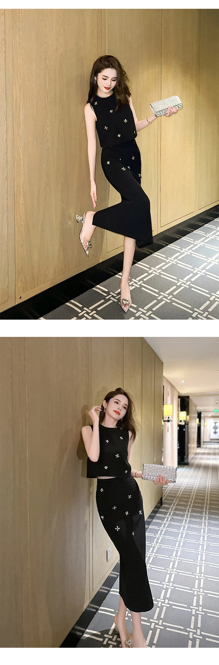 Elegant Fashionable 2 Pieces Outfits Women,Vestido de mujer elegante con incrustaciones de piedras