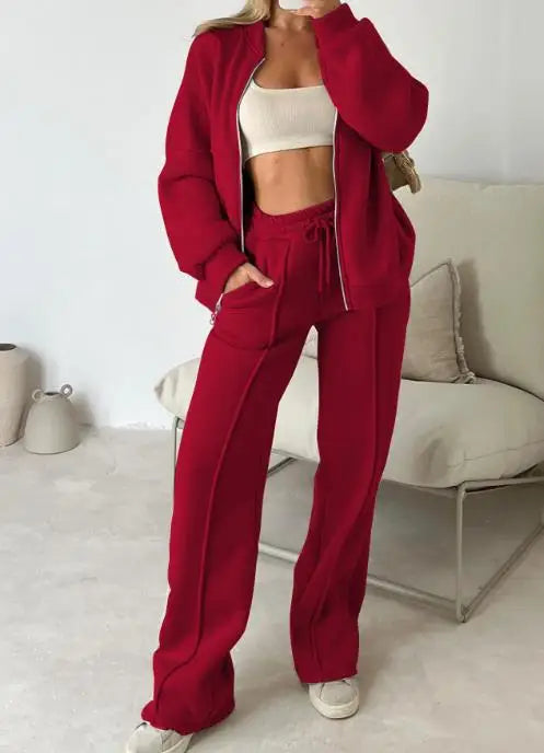 Solid Color Round Neck Zipper Front Loose Jacket and Lace Up High Waisted Straight Leg Pants Set, Autumn Women's Sports Set