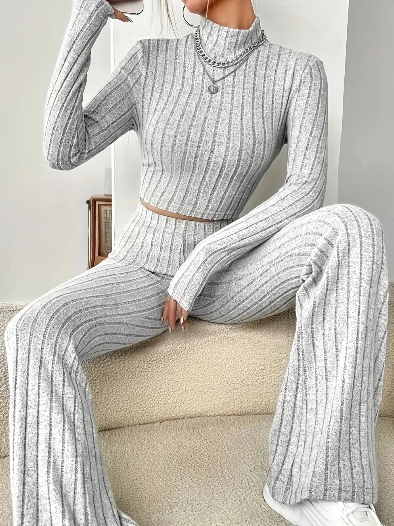 Women's Solid Color Knit Suit Spring Summer Stand Collar Striped Long Sleeve Pullover Top And Pants Streetwear Two Piece Set