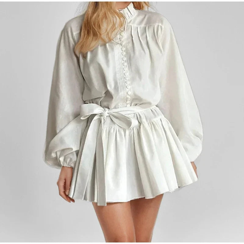 Printed Pearl Single Breasted Belts Pleated Dress . Vestido casual ,elegante y romántico