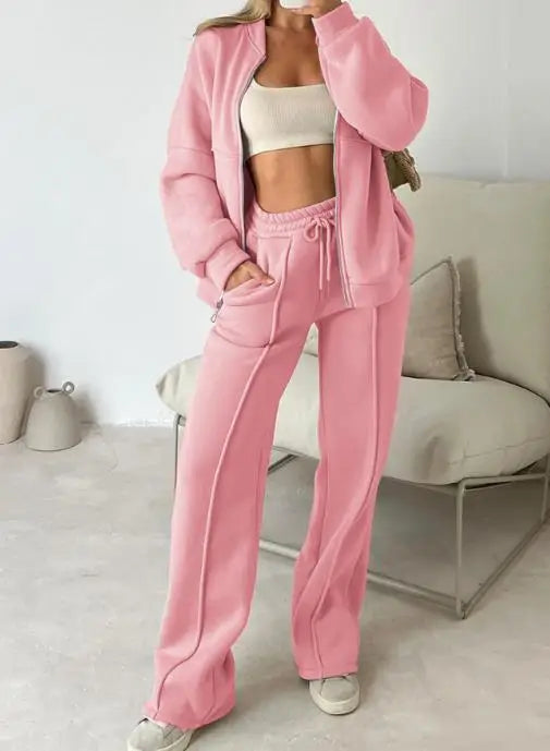Solid Color Round Neck Zipper Front Loose Jacket and Lace Up High Waisted Straight Leg Pants Set, Autumn Women's Sports Set