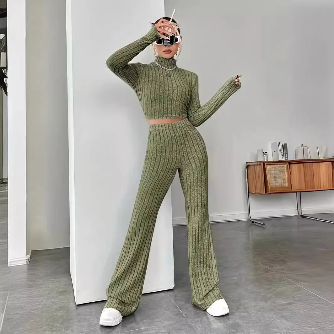 Women's Solid Color Knit Suit Spring Summer Stand Collar Striped Long Sleeve Pullover Top And Pants Streetwear Two Piece Set