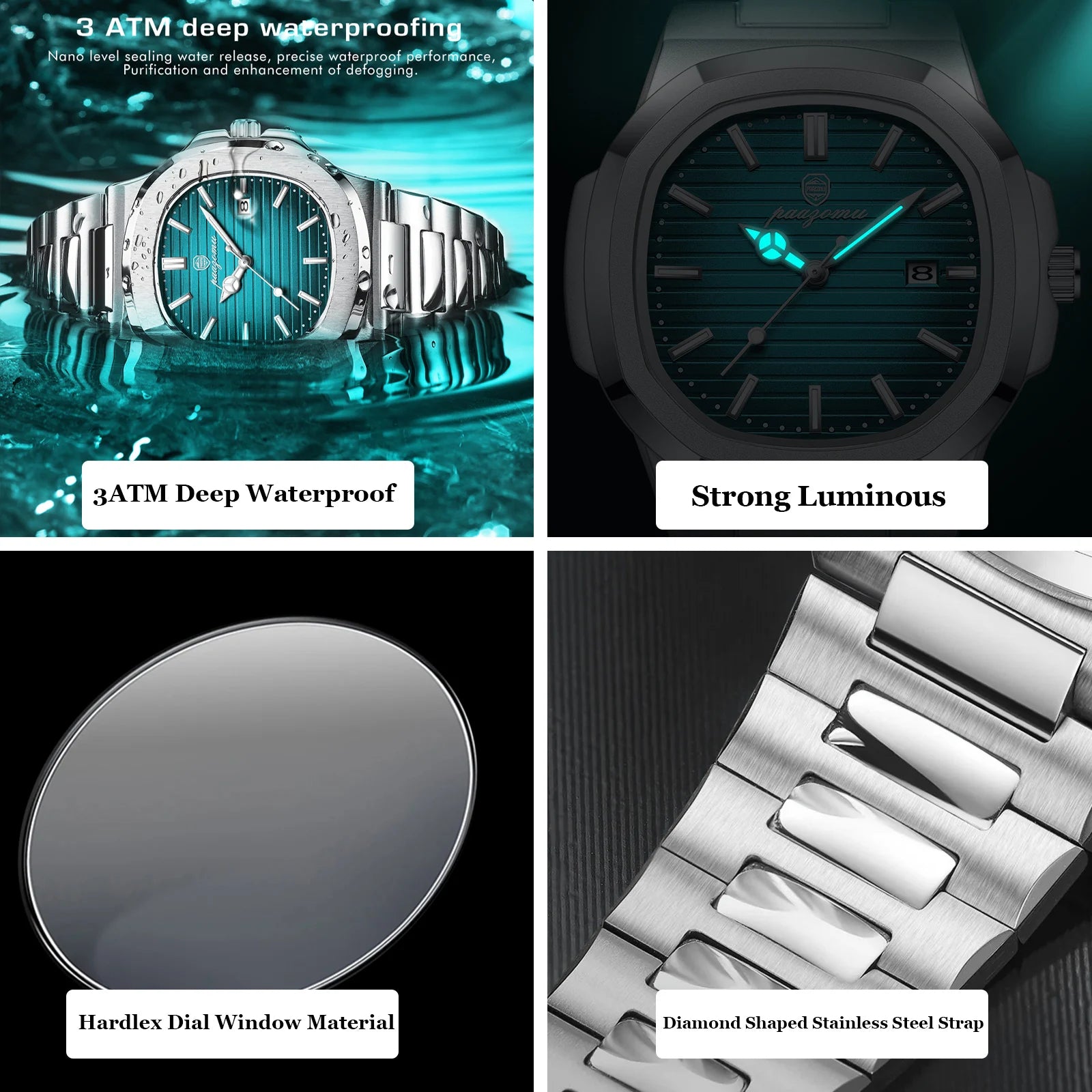 PAAZOMU Luxury Watch Stainless Steel Square