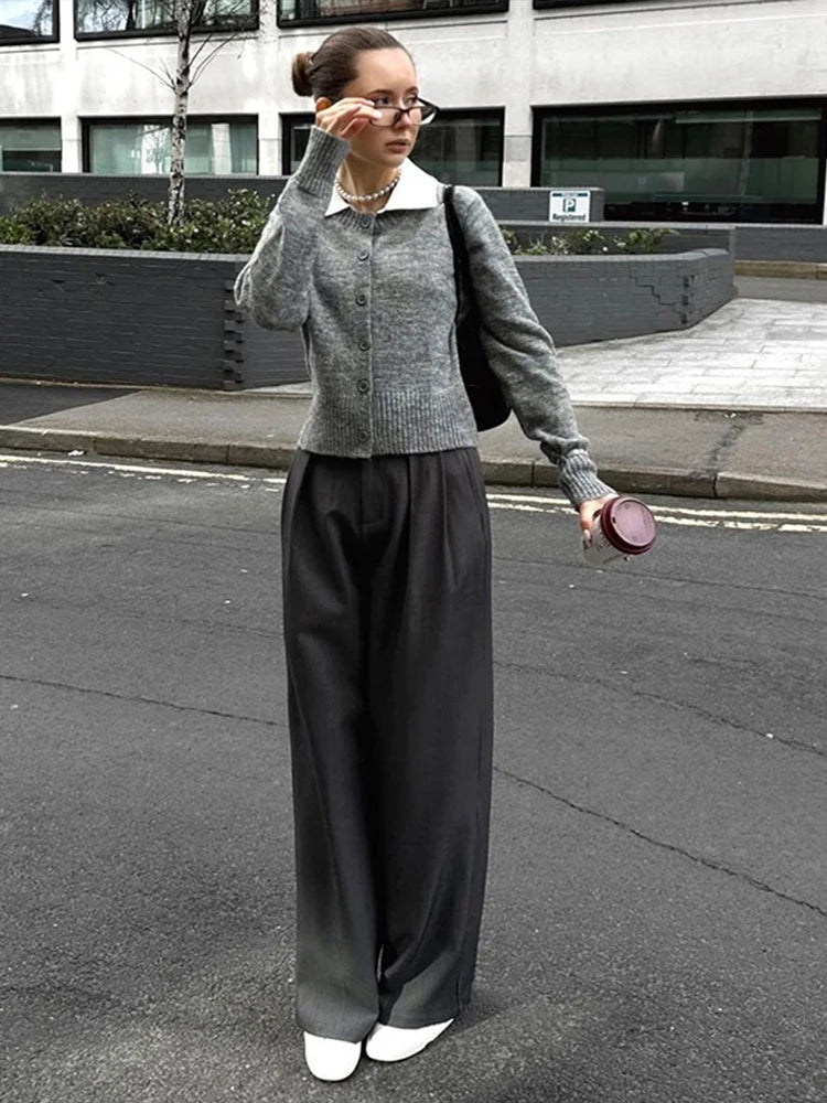 Elegant Knit Solid Lady Jacket 2025 Autumn Female Knitwear, Suéter Oversize con Bolsillos y Botones elegantes