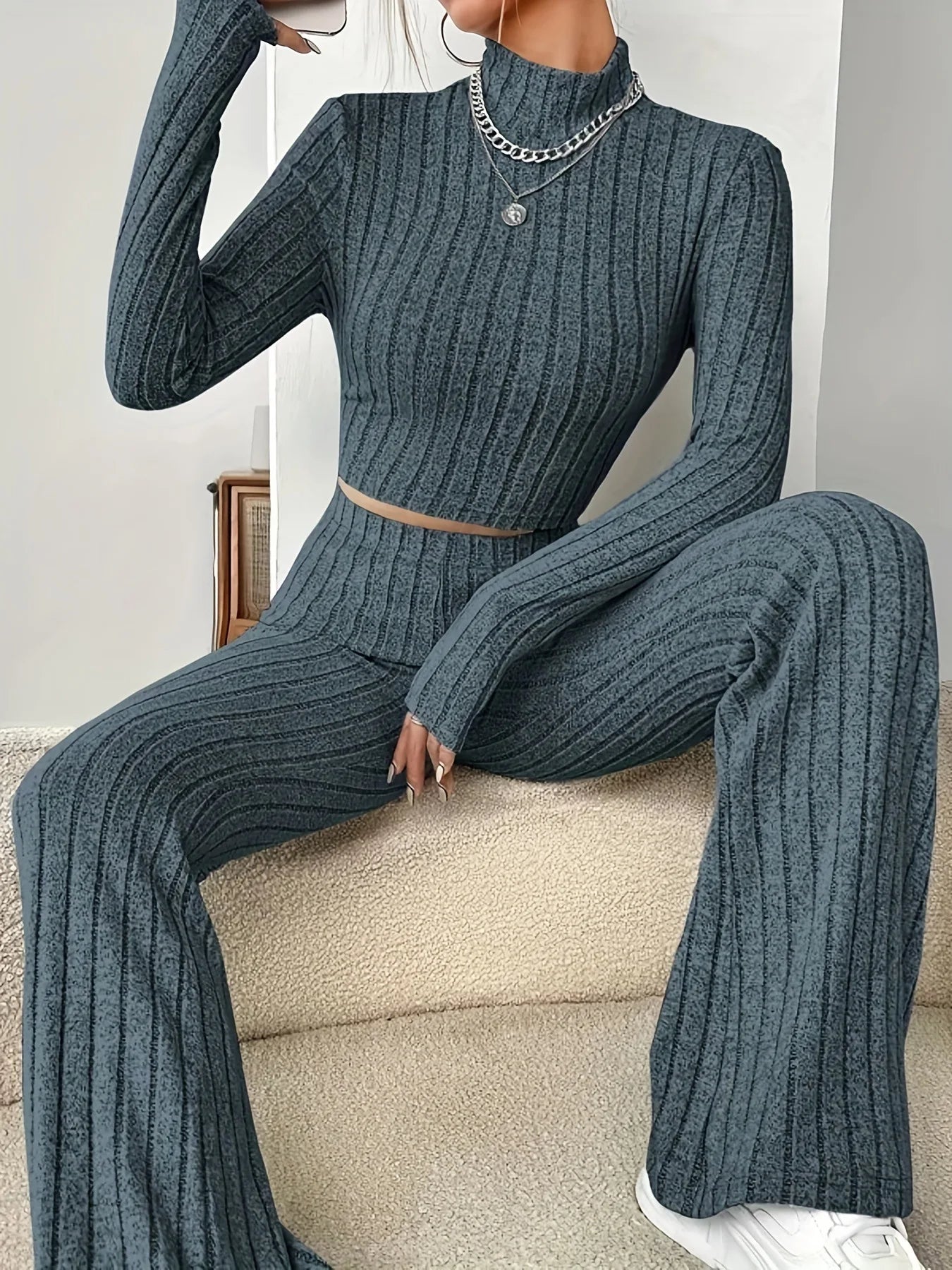 Women's Solid Color Knit Suit Spring Summer Stand Collar Striped Long Sleeve Pullover Top And Pants Streetwear Two Piece Set