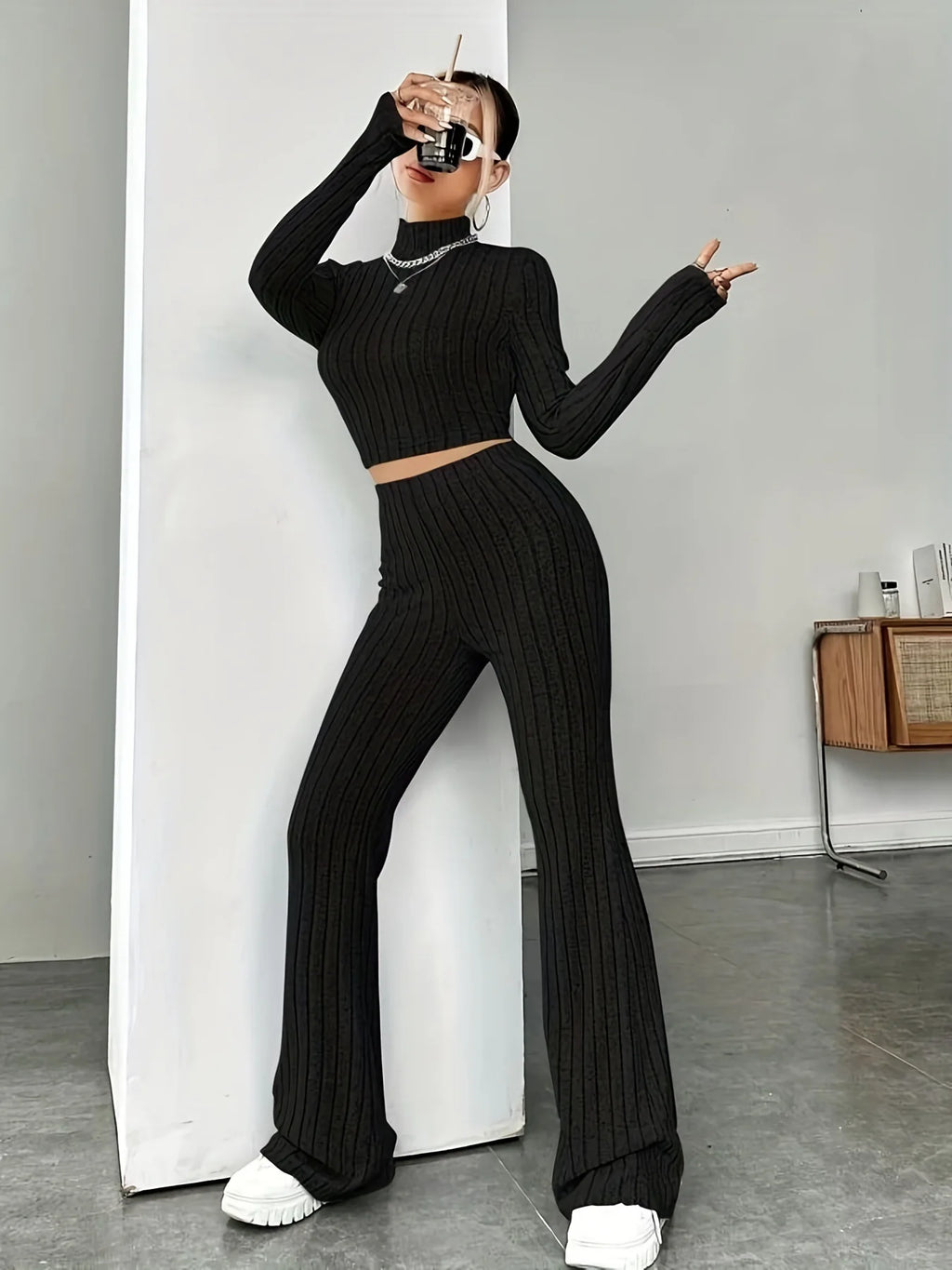 Women's Solid Color Knit Suit Spring Summer Stand Collar Striped Long Sleeve Pullover Top And Pants Streetwear Two Piece Set