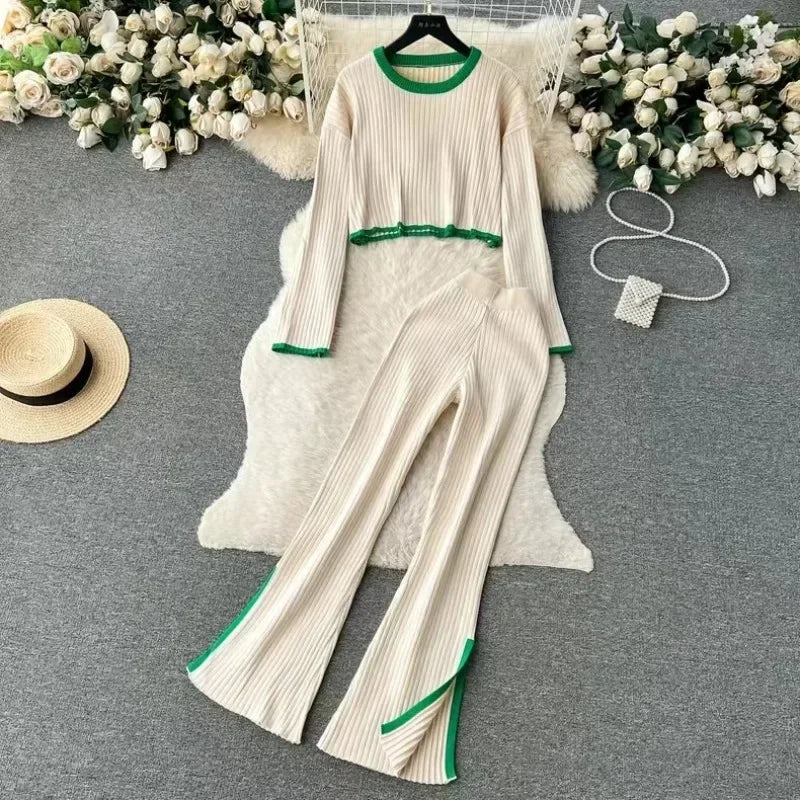 Autumn Winter 2 Pieces Women's Oufit Sets Knitted Tracksuit O-Neck Sweater and Wide Leg Jogging Pants Female Suits