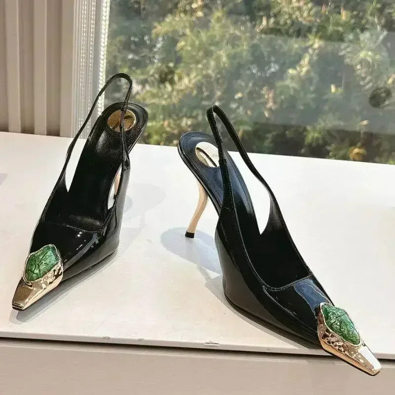 Zapatos de tacón elegantes para mujer con detalles metálicos  Luxury Metal Jewel Decoration Heels Women 2025