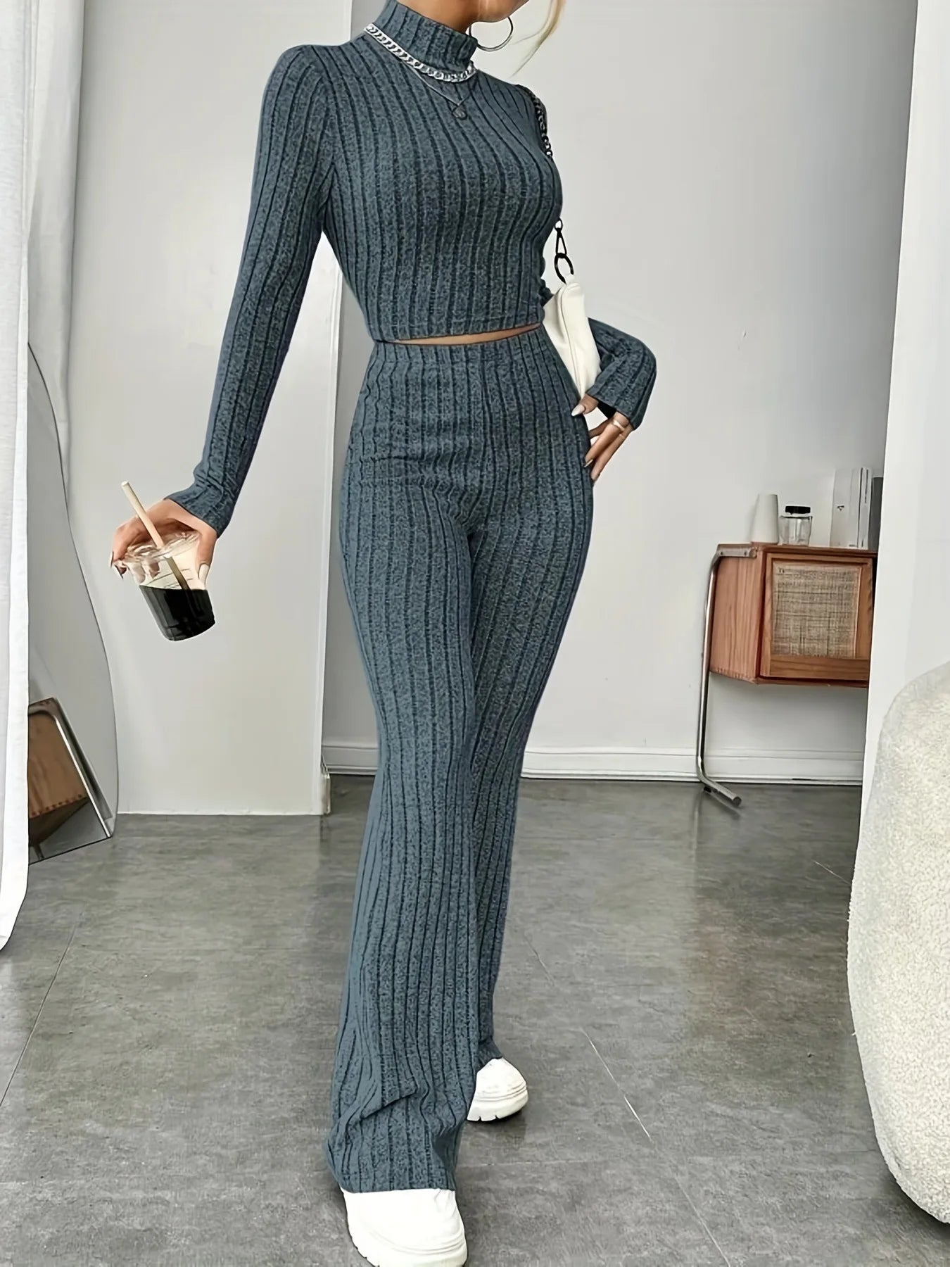 Women's Solid Color Knit Suit Spring Summer Stand Collar Striped Long Sleeve Pullover Top And Pants Streetwear Two Piece Set