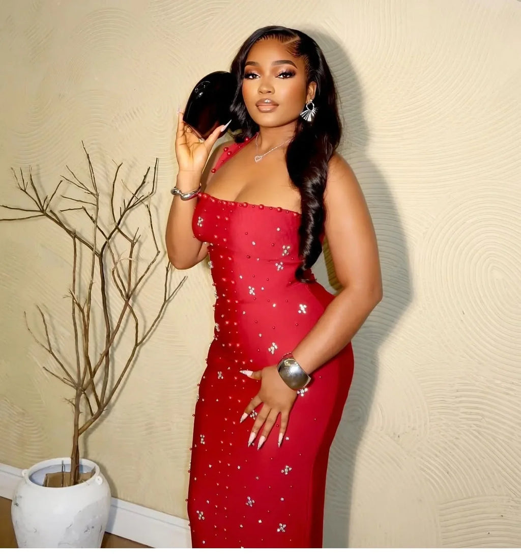 Elegant Party Evening Dresses ,Vestido Elegante de Navidad para mujer con volantes y adornos de strass