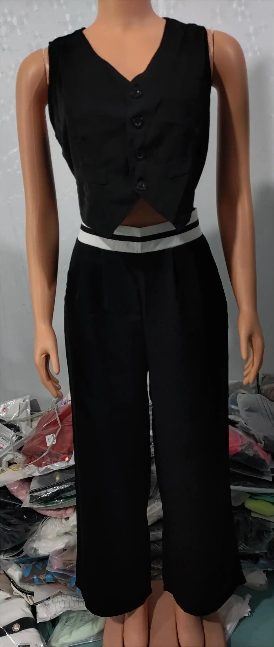 Elegant V-Neck Buttoned Vest Top & Pocket Design Pants Set Womens Two Piece Sets Outfit .Conjunto de 2 piezas pantalón y chaleco
