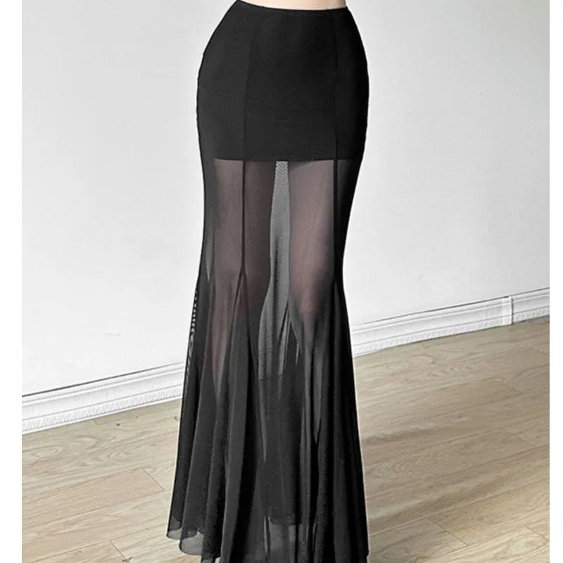 Ele Bla Asymmetrical  Skirt Women's Sexy High Waist Bodycon Tulle Fi Tail Long Skirt .Falda larga con transparencia ,elegante