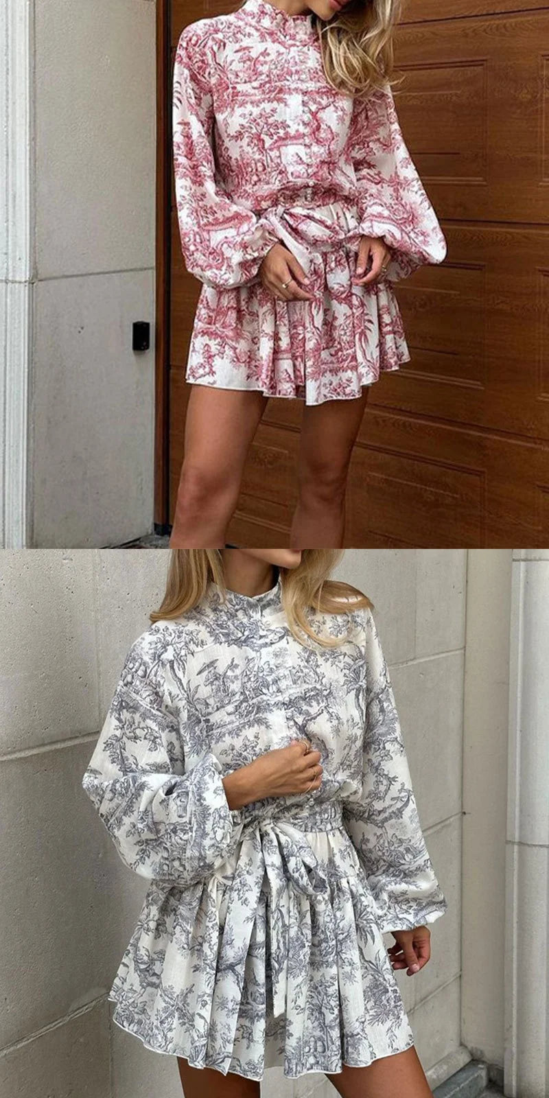 fashion  High Waist Printed Dr Gown with Belt A-Line Silhouette for Women 
Vestido romántico con volantes