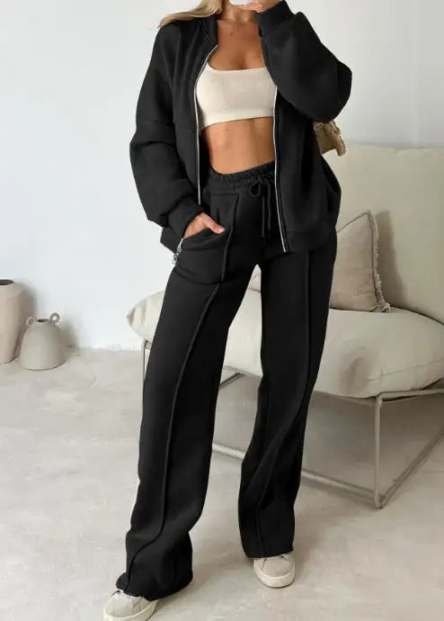 Solid Color Round Neck Zipper Front Loose Jacket and Lace Up High Waisted Straight Leg Pants Set, Autumn Women's Sports Set