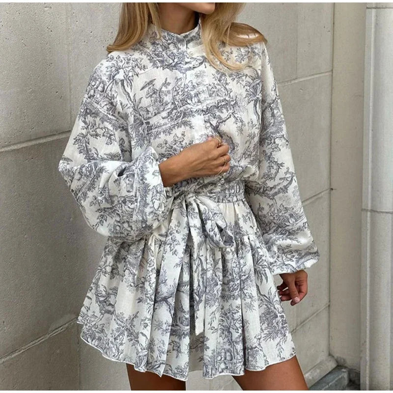 Printed Pearl Single Breasted Belts Pleated Dress . Vestido casual ,elegante y romántico