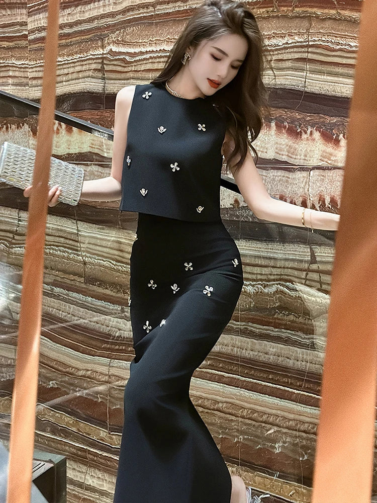 Elegant Fashionable 2 Pieces Outfits Women,Vestido de mujer elegante con incrustaciones de piedras
