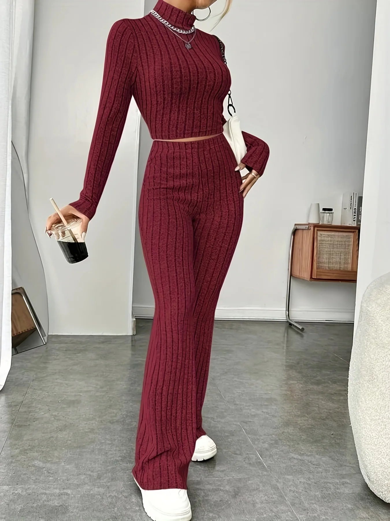 Women's Solid Color Knit Suit Spring Summer Stand Collar Striped Long Sleeve Pullover Top And Pants Streetwear Two Piece Set